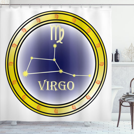 Zodiac Virgo Constellation Shower Curtain in Navy Blue, Orange, and Yellow Colors