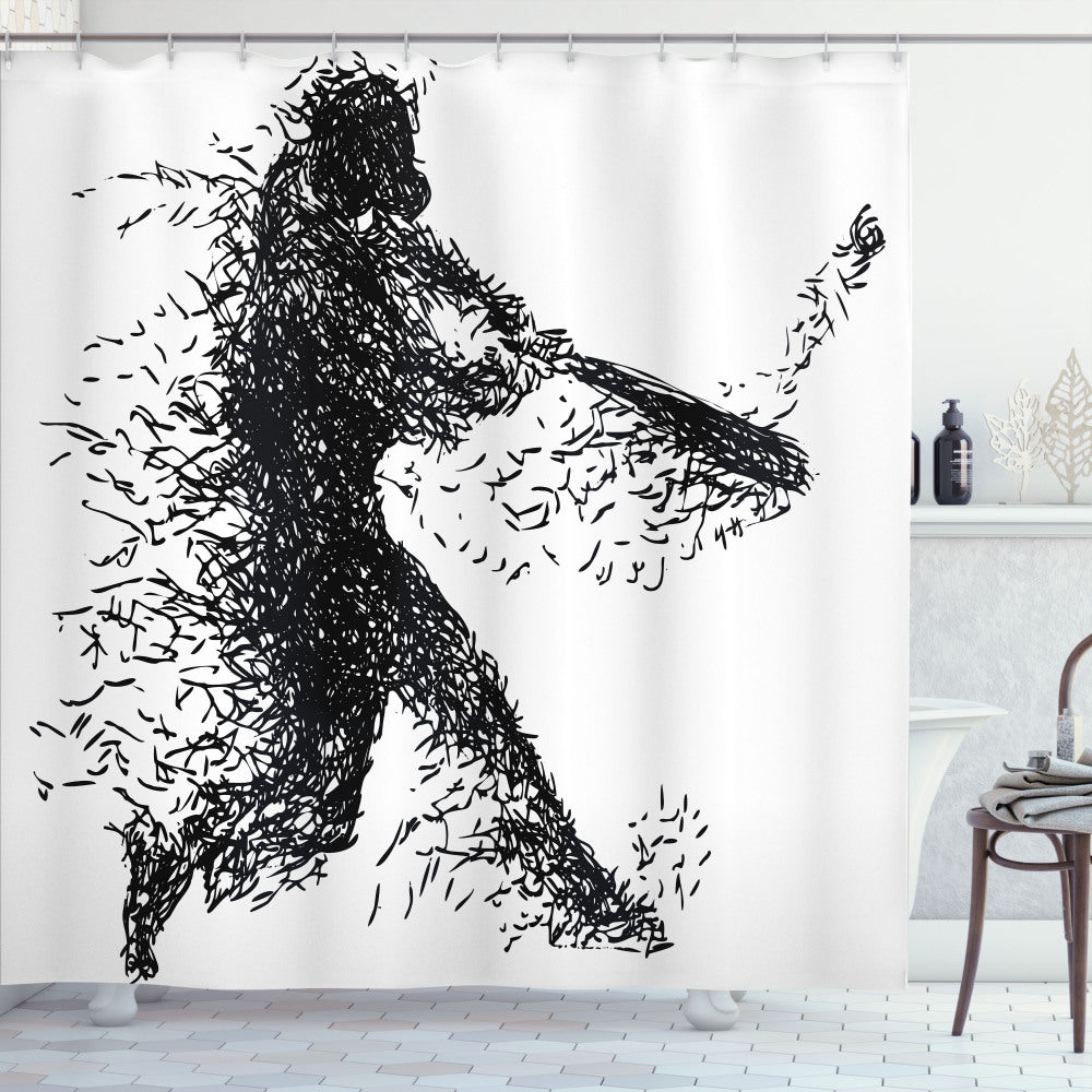 Black and White Baseball Player Inspired Shower Curtain in White and Charcoal Grey