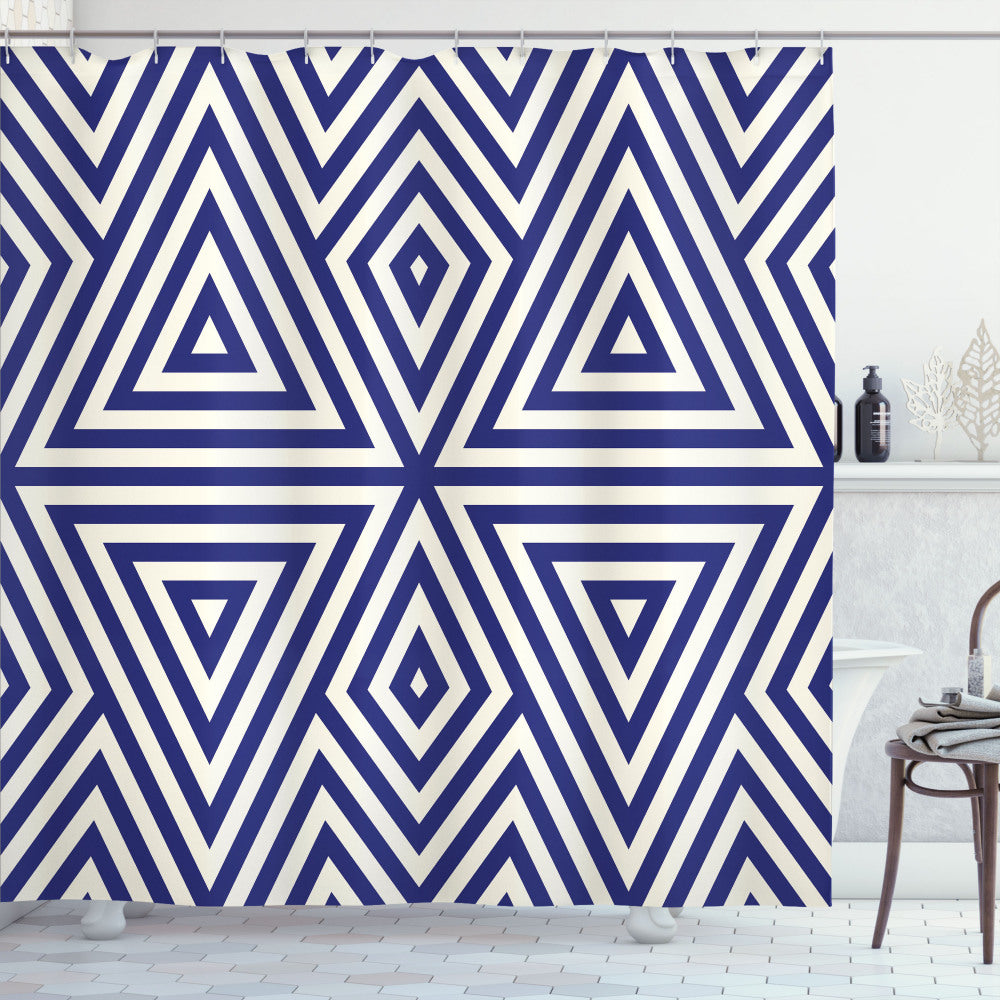 Symmetric Triangles in Navy, Indigo, and Cream: A Stylish Shower Curtain Option