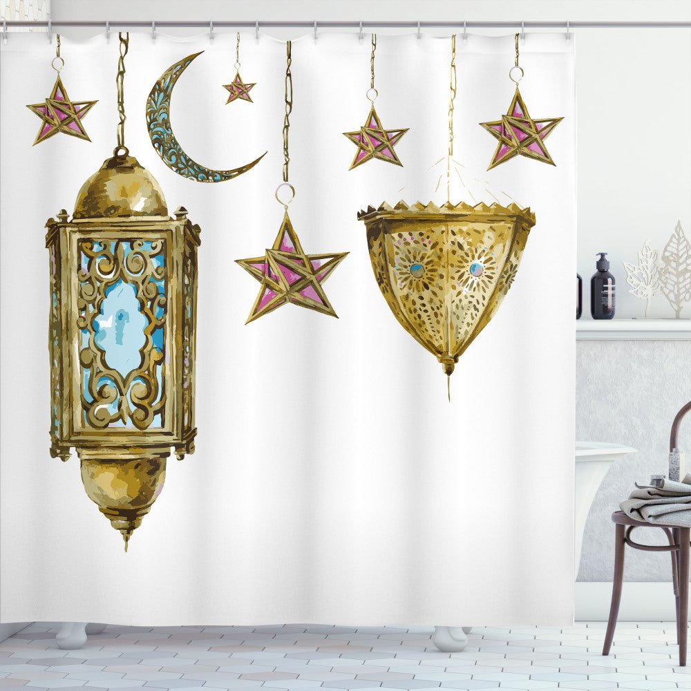 Watercolor Moon and Stars Lantern with Marigold, Pink, and Blue Shower Curtain