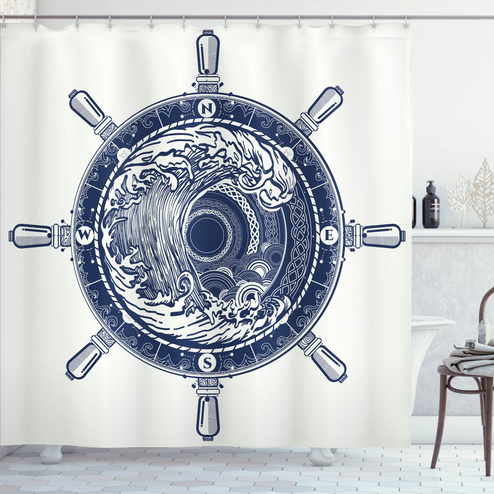 Adventure Seeker: Sea Compass Tsunami Bath Curtain in Dark Blue and White