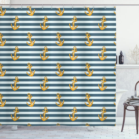 Vintage Anchors Harbour Stripe Earth Yellow and Slate Blue Shower Curtain