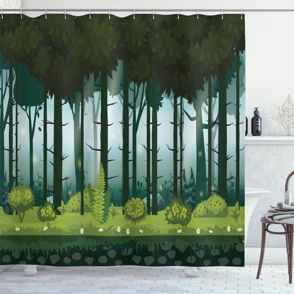 Twilight Jungle Evergreen: Mystic Forest Trees Bath Curtain in Pale Cadet Blue and Pale Olive Green