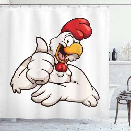 Cheerful Cartoon Chicken Design Shower Curtain in Smile, Dark Coral, Earth Yellow, Seal Brown, and Pale Tan