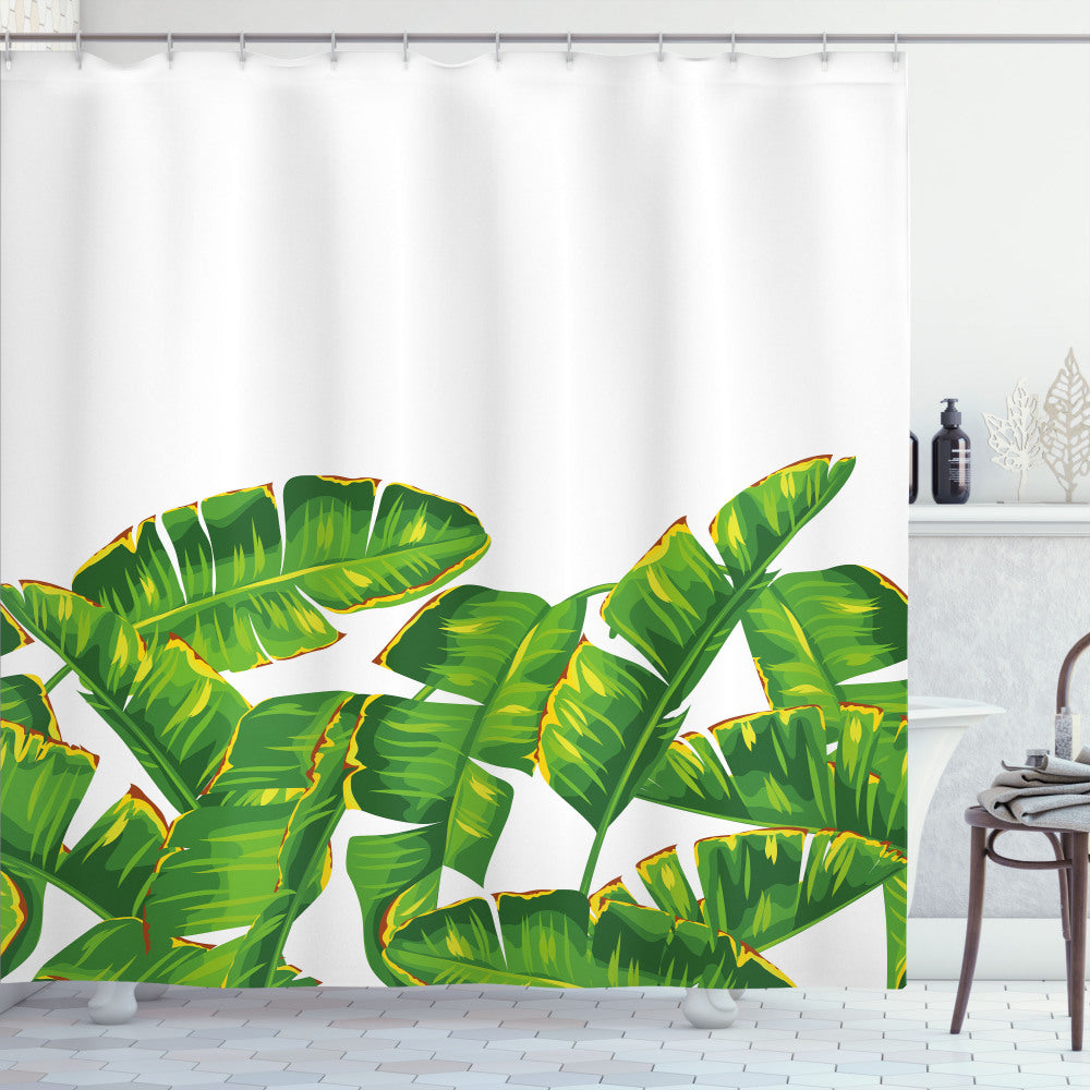 Botanical Bath Curtain featuring Vibrant Tropical Foliage in Hunter Green and Yellow