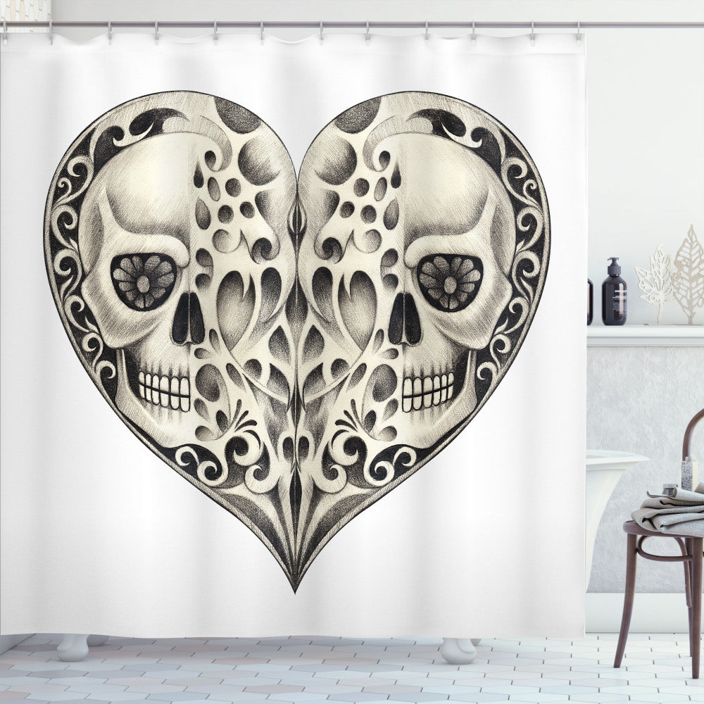 Twin Heart Design Black and Cream Day of the Dead Shower Curtain