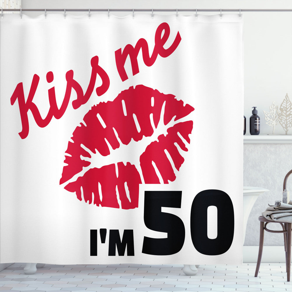 50th Birthday Celebration Kiss Me Shower Curtain in White, Black, and Red