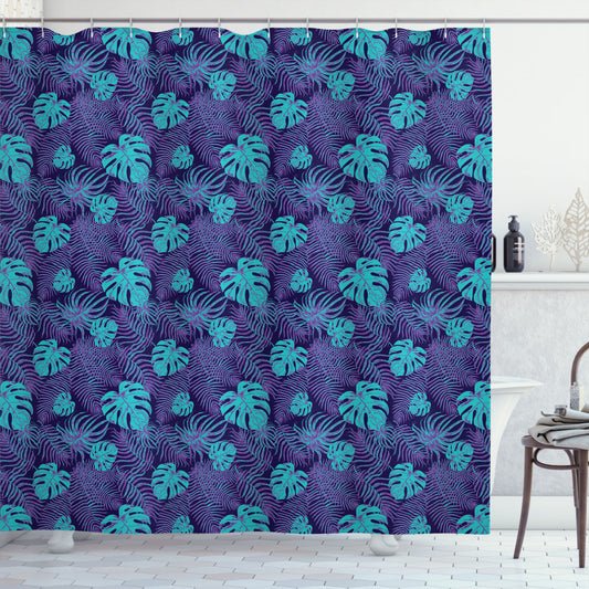 Tropical Floral Leaf Bath Curtain in Dark Night Palette with Purple and Aqua Accents