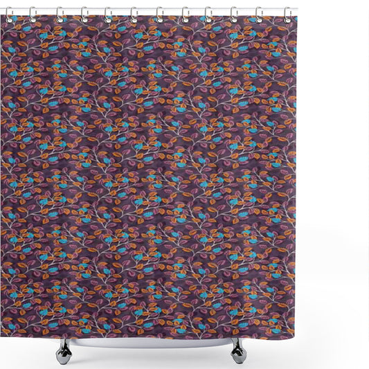 Colorful Autumn Leaves Bath Curtain in Eggplant, Orange, and Blue Tones.