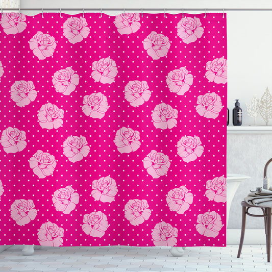 Vintage Roses Love Dot Shower Curtain in Hot Pink, Pale Pink, Hot Pink, and White