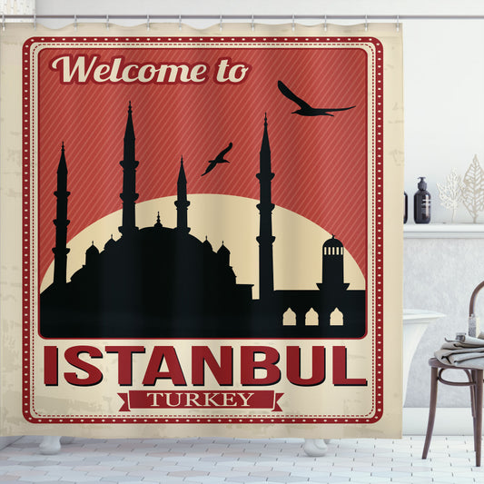 Unique Istanbul-themed Shower Curtains in Black, Cream, and Red Colors