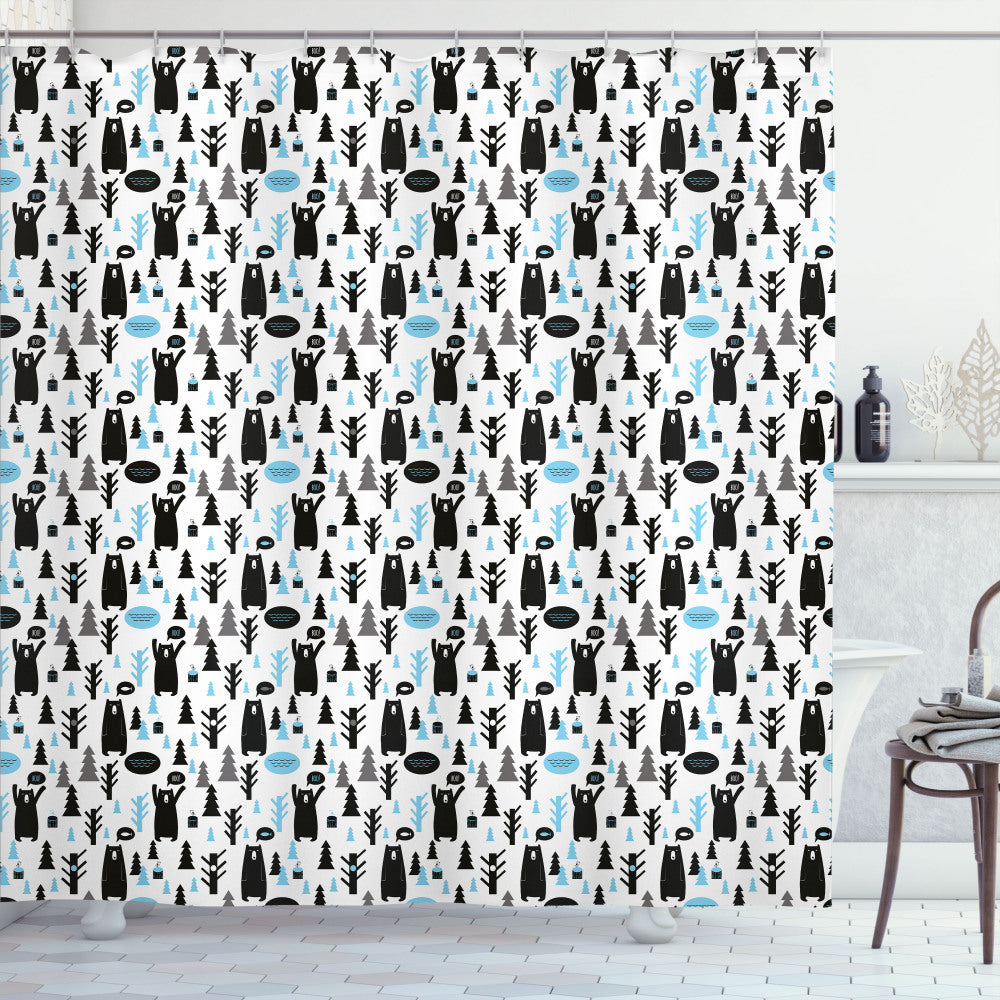 Bear-themed Pale Blue, White, and Black Modern Forest Animals Bath Curtain Celebrates Joy