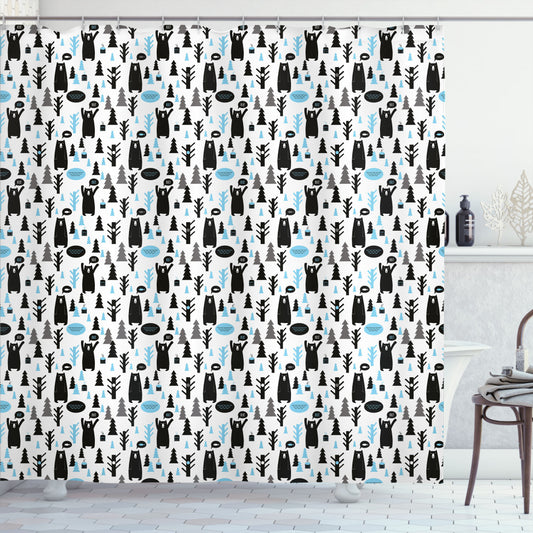 Bear-themed Pale Blue, White, and Black Modern Forest Animals Bath Curtain Celebrates Joy