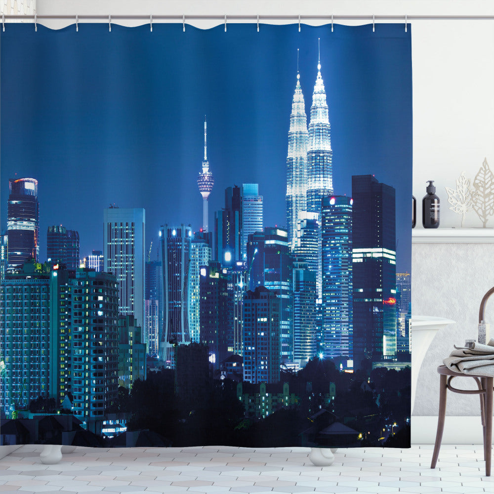 Black and Navy Kuala Lumpur Cityscape Skyline Design Shower Curtain