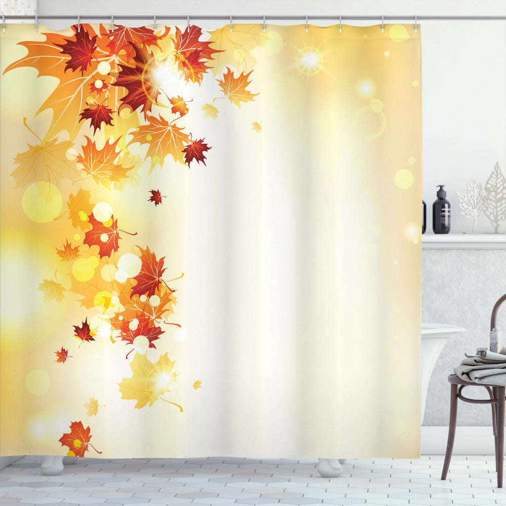 Autumn-inspired Shower Curtain featuring Flying Leaves in Pale Yellow, Dark Orange, and Orange Colors