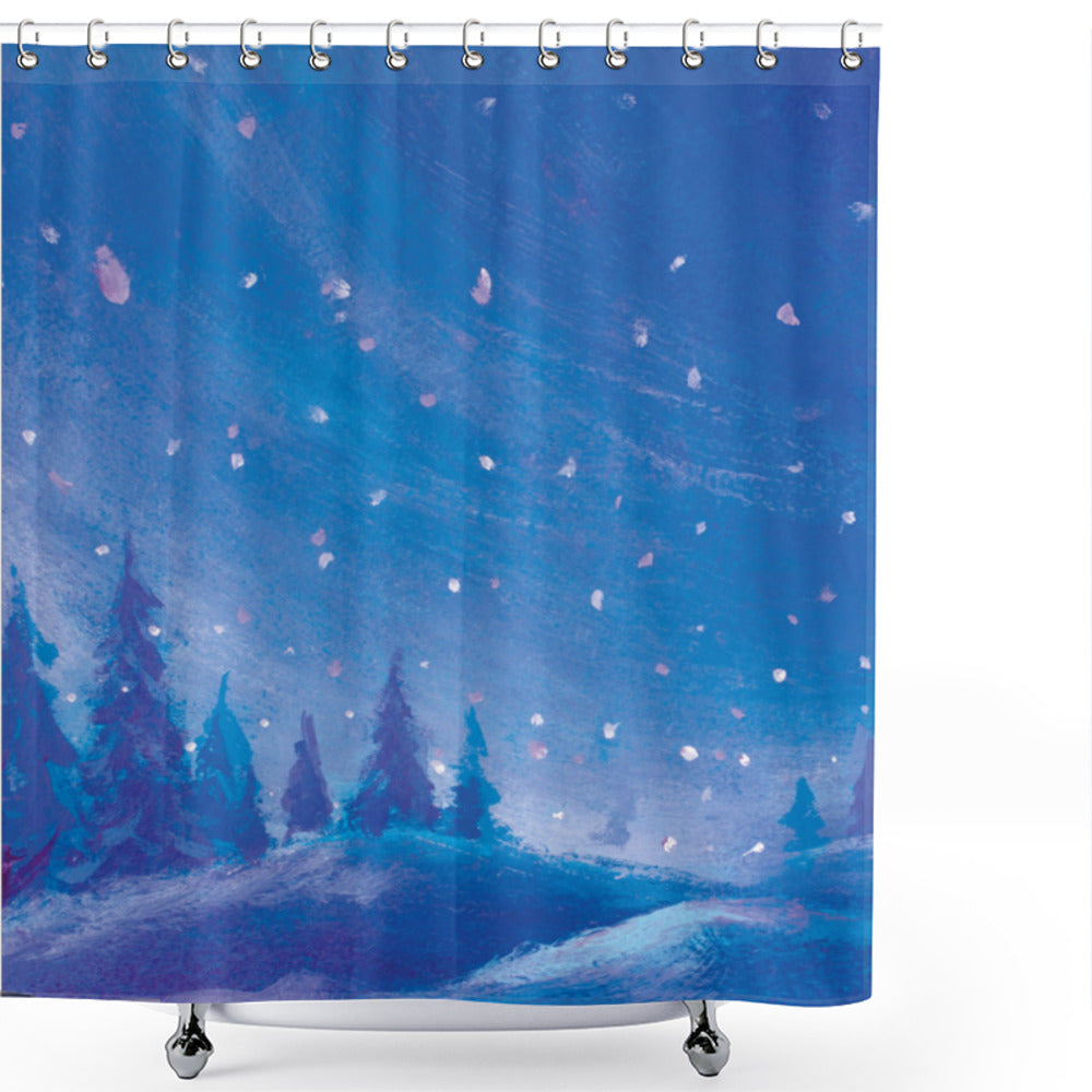 Winter Sky Shower Curtain: Persian Blue, Azure Blue, and Lavender Snowscape