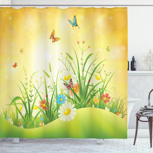 Vibrant Spring Meadow Shower Curtain: Multicolored Scenery