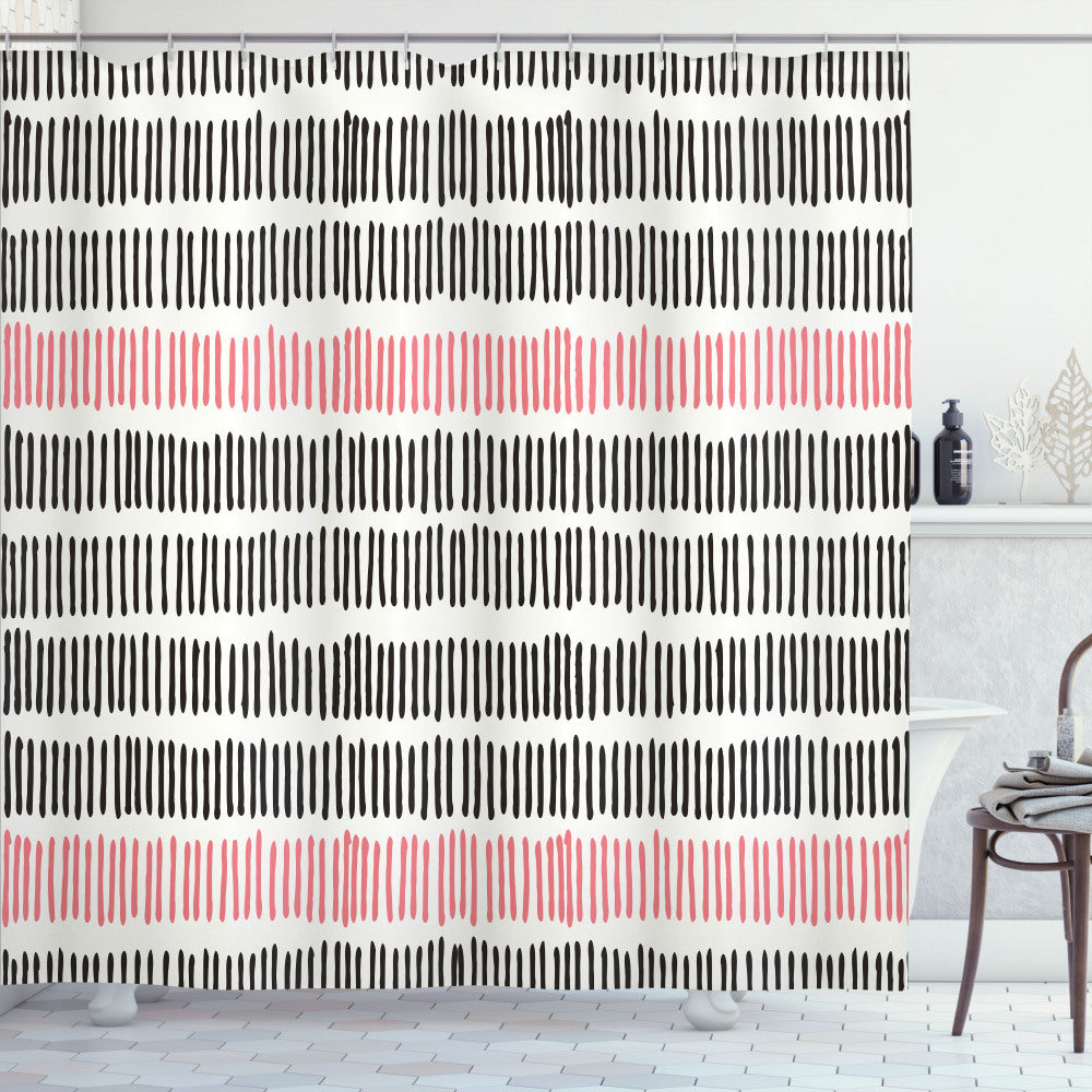 Abstract Retro Lines Hipster Shower Curtain in White, Black, and Coral palette