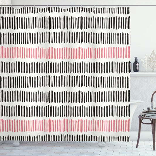 Abstract Retro Lines Hipster Shower Curtain in White, Black, and Coral palette