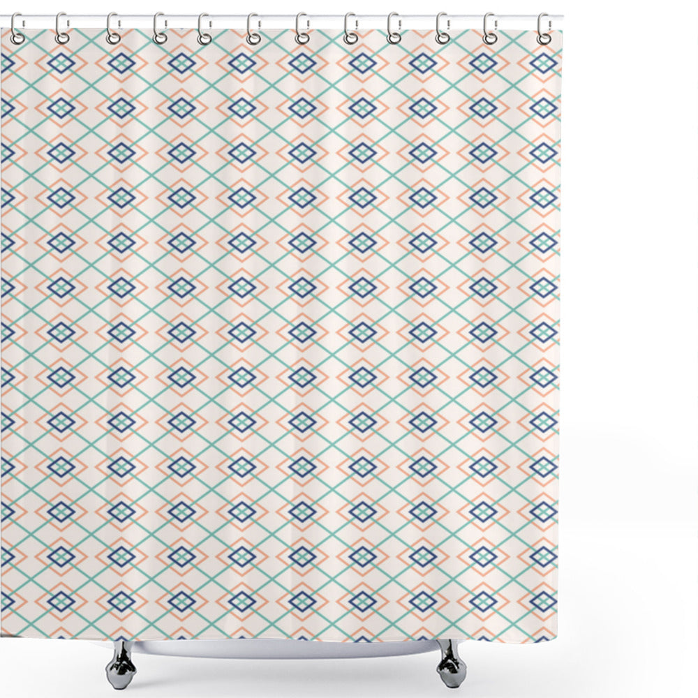 Bohemian Aztec Tribal Geometric Shower Curtain in Dark Blue, Peach, and Mint