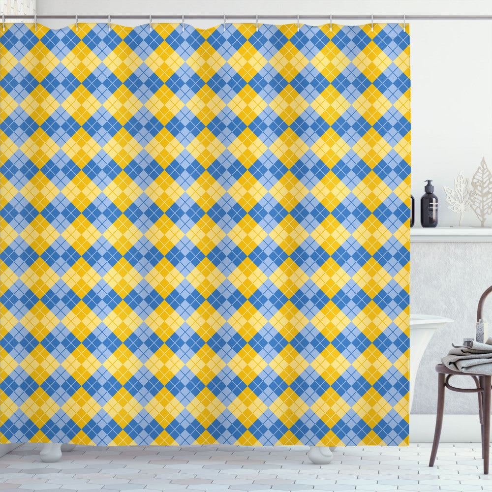 Argyle Grid Pattern in Yellow and Blue Colors for Shower Curtain