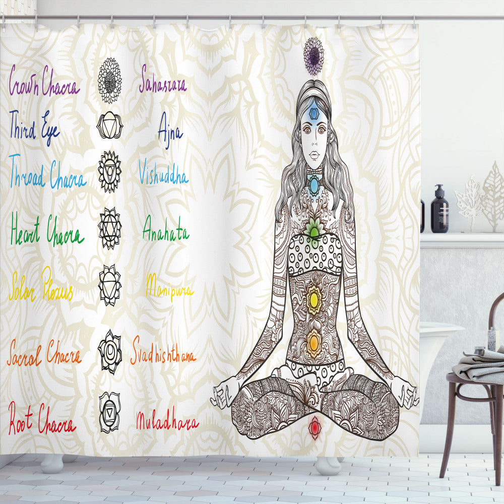 Chakra-Inspired Multicolored Sketch Yoga Posed Girl Shower Curtain