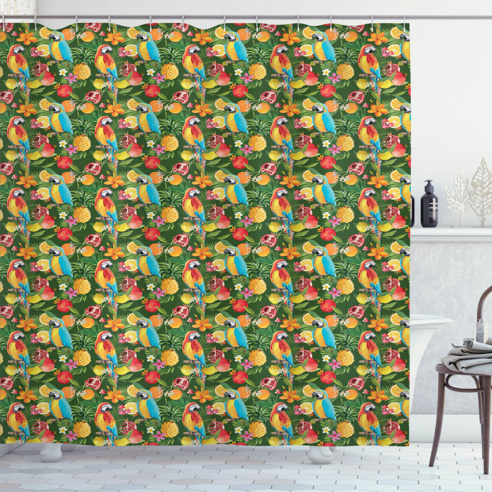 Tropical Parrots and Multicolor Pomegranate Shower Curtain