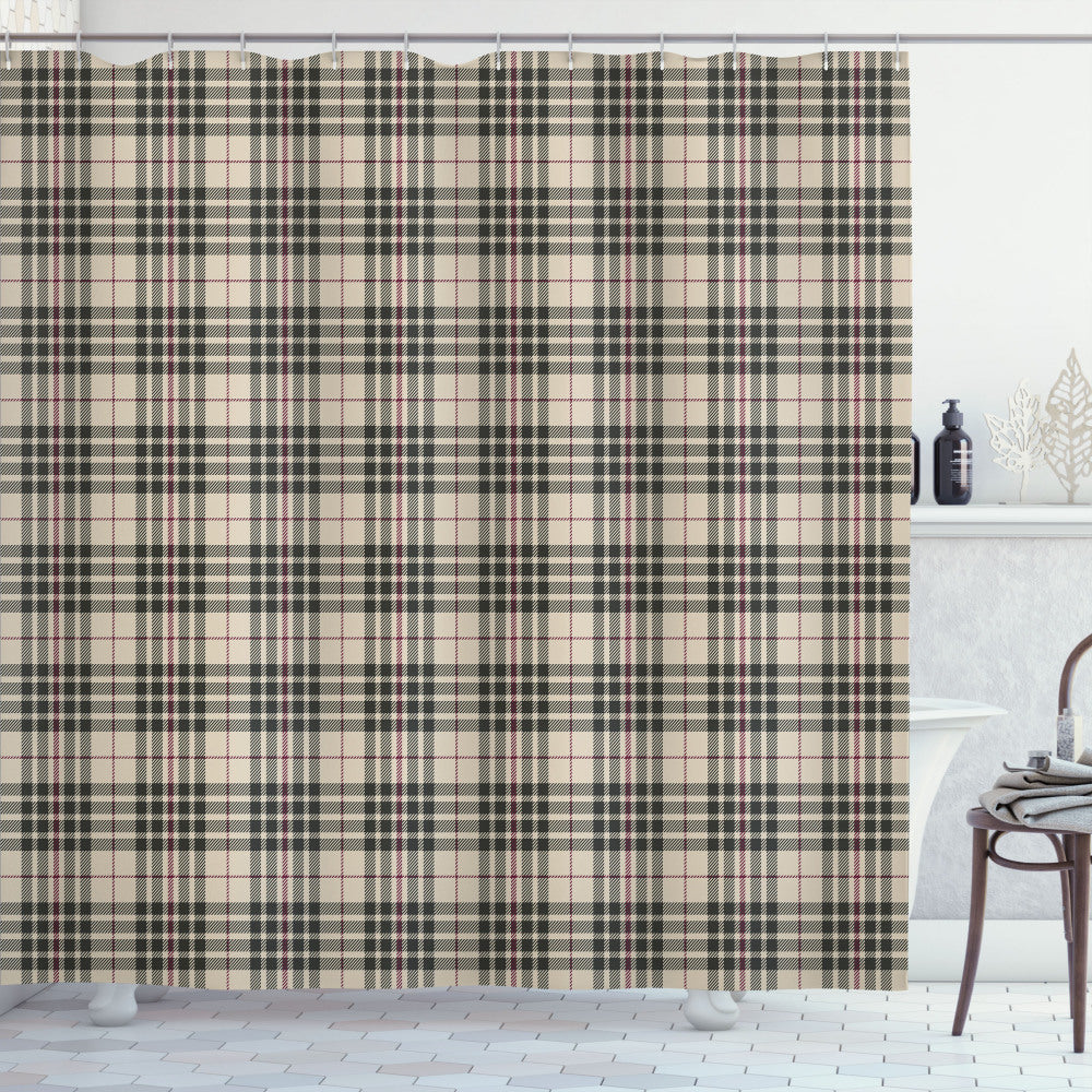 Tartan British Heraldry Inspired Shower Curtain in Abstract Dark Taupe, Maroon, and Beige