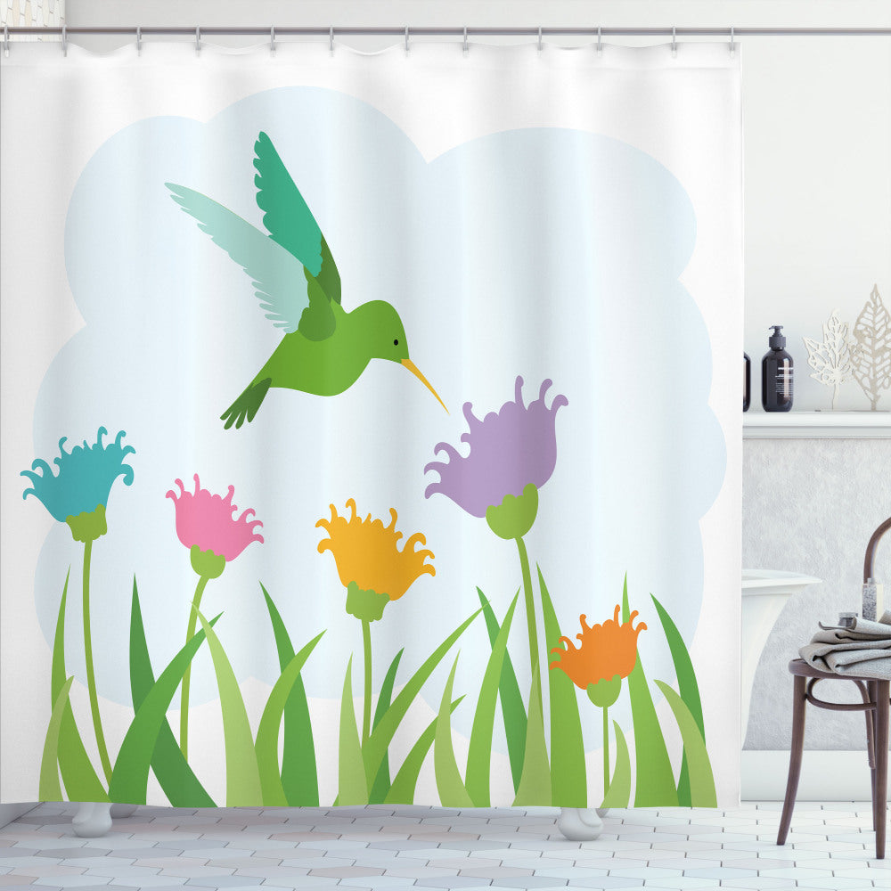 Wildflower Garden Art Hummingbird Shower Curtain in Pistachio Green and Multicolor.