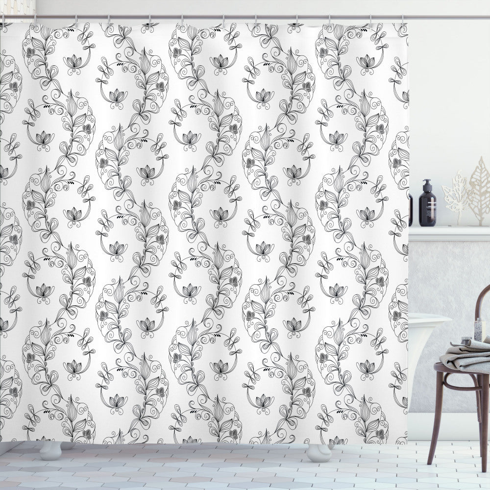 Black, White, and Grey Scroll Lilies Shower Curtain – A Contemporary Twist on Bathroom Decor