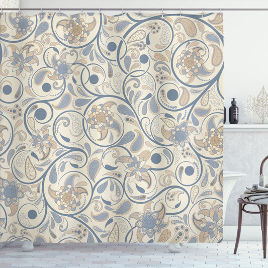 Vintage Eastern Oriental Scroll Style Shower Curtain in Slate Blue, Beige, and Tan