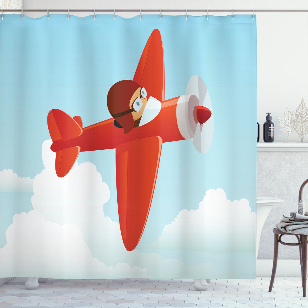 Airplane Flying Cloud Inspired Shower Curtain in Plane Orange and Blue Theme