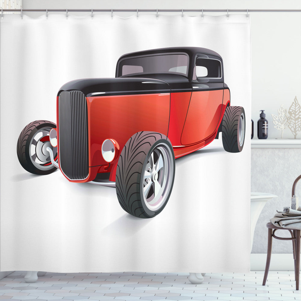 Classic American Car Themed Shower Curtains in White, Black, and Red