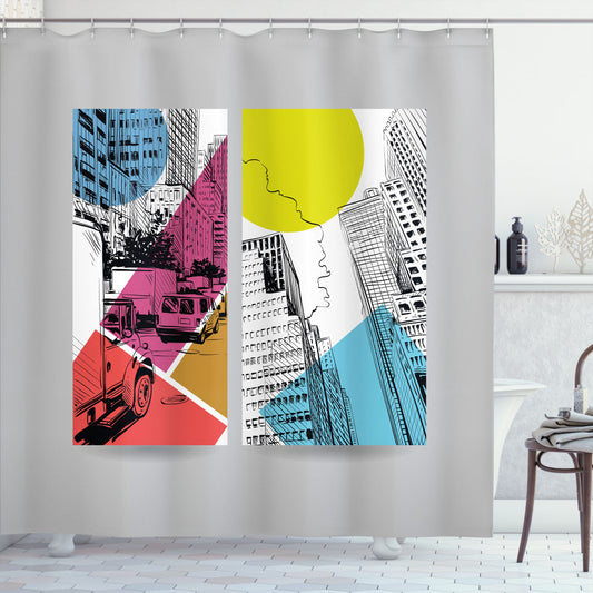 Cityscape Inspired Urban Truck Illustration Shower Curtain in Multicolor