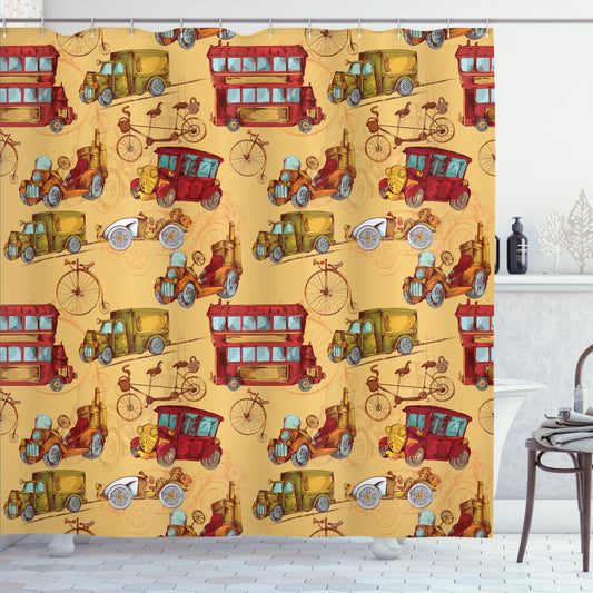 Vintage Steampunk Cars Shower Curtain in Olive Green, Mustard, and Red color palette