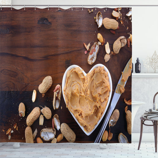 Wooden Vintage Table Design with Peanut Butter, Brown, Pale Brown, and Grey Tones - Shower Curtain