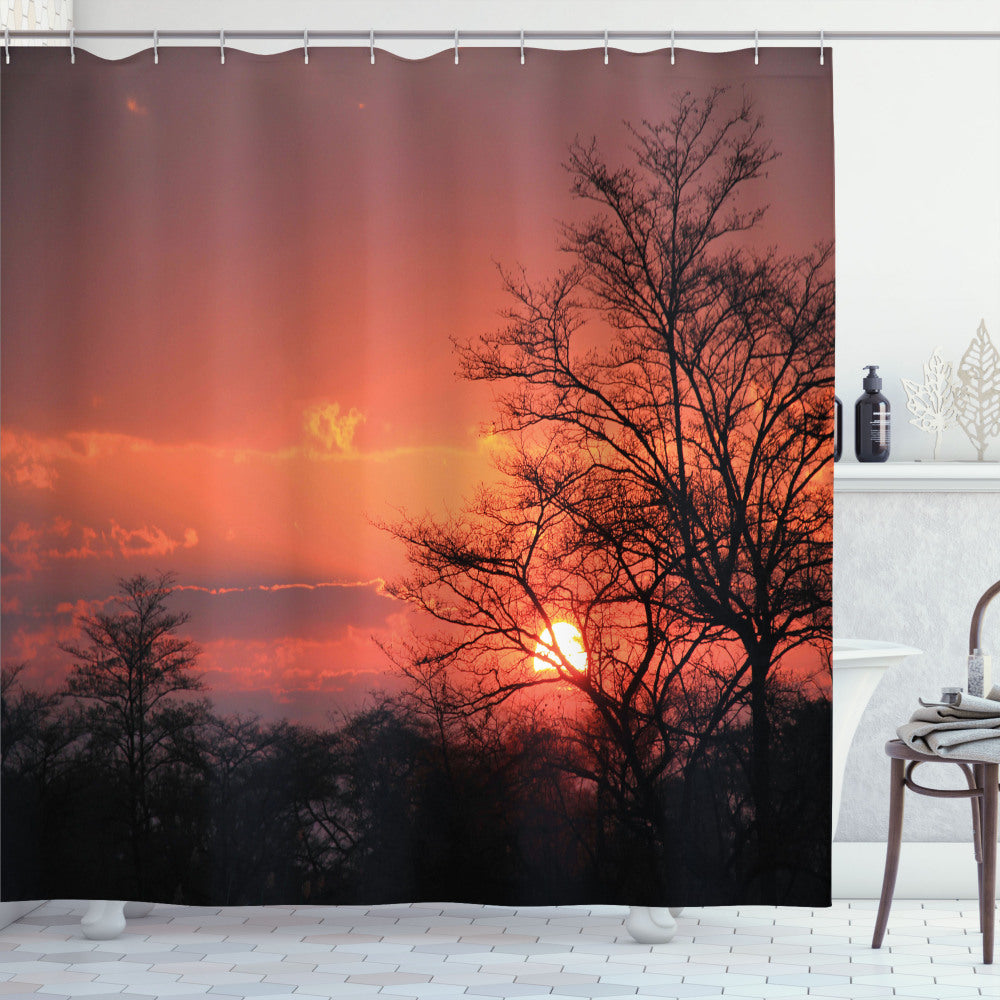 African Sunset: Kwando River Bath Curtain in Shades of Orange, Black, and Coral