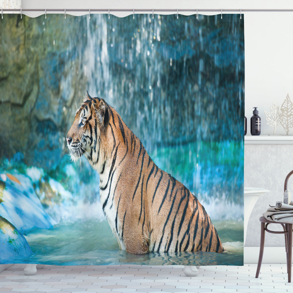 Tiger Wildcat Bath Curtain with Pale Brown, Turquoise, and Black Designs in Pond