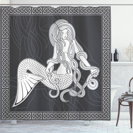 Vintage Celtic Borders with Mermaid Design in White and Brown Shower Curtain