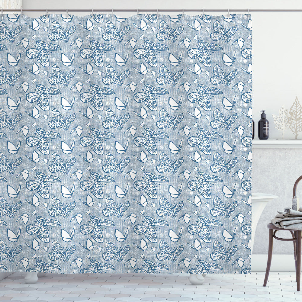 Blue and White Doodle Butterflies Shower Curtain - White and Blue Design