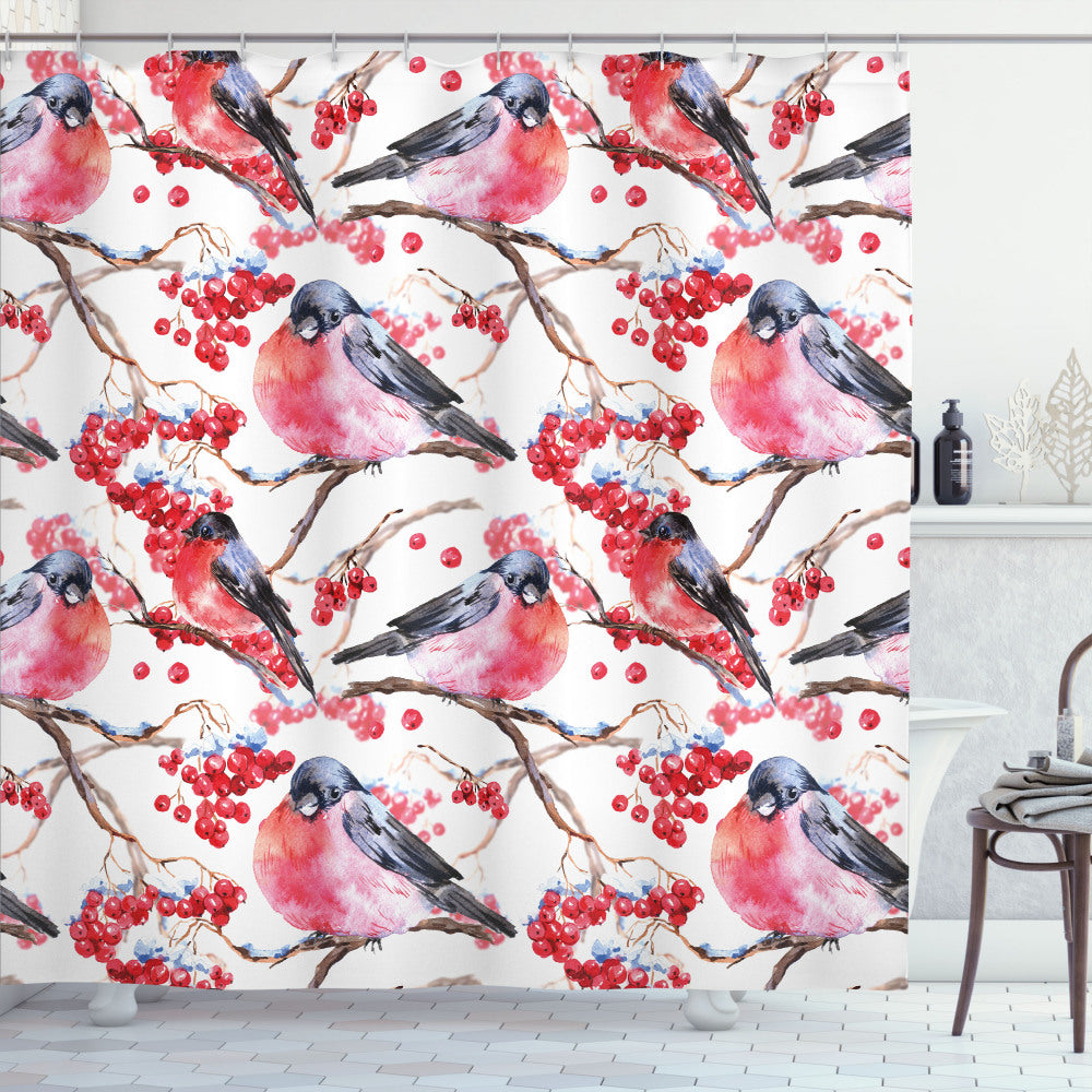 Branches, Berries, and Birds: A Nature-Inspired Grey and Red Shower Curtain