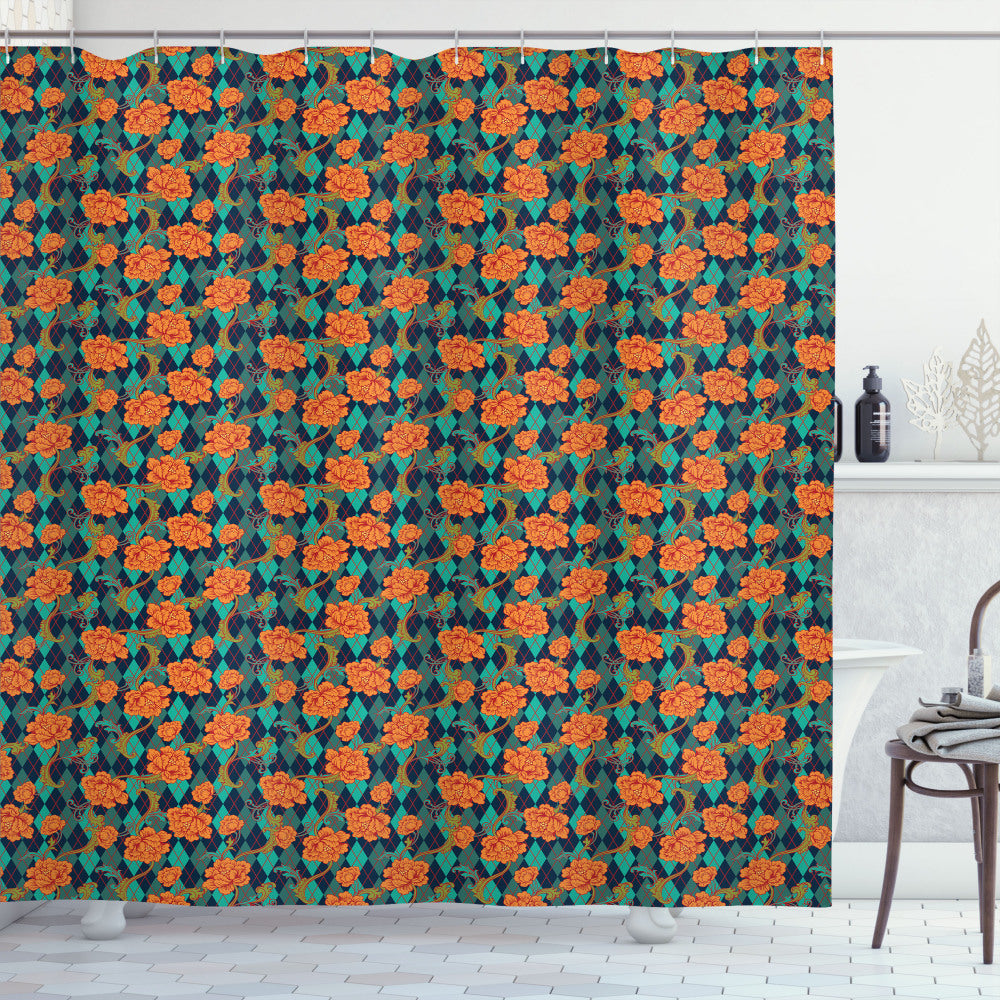 Blossoming in Baroque Style: Renaissance Inspired Turquoise, Navy Blue, and Orange Shower Curtain