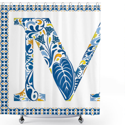 Blue Floral Exotic M Shower Curtain in Letter M, Orange, Yellow, and Blue Color Palette