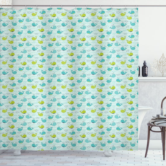 Whale-inspired Bath Curtain in Pale Sea Green, Turquoise, and Green - Animals of the 7 Seas Collection