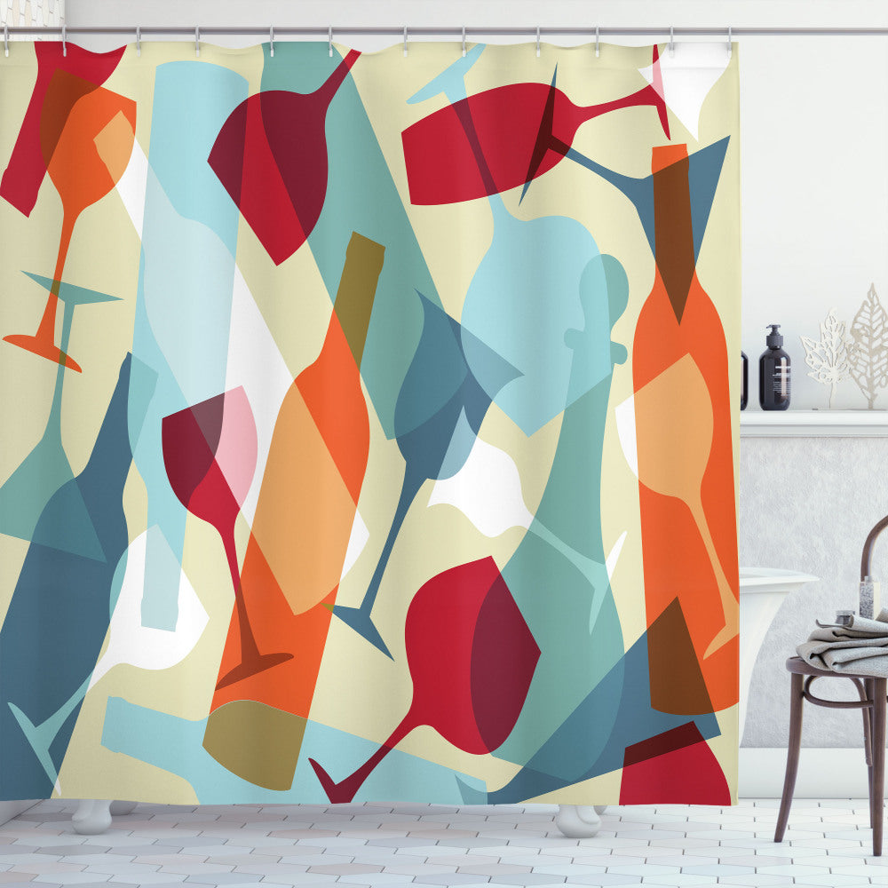 Vibrant Contemporary Art Inspired Shower Curtain in Wine, Pale Blue, Orange, and Ruby Colours