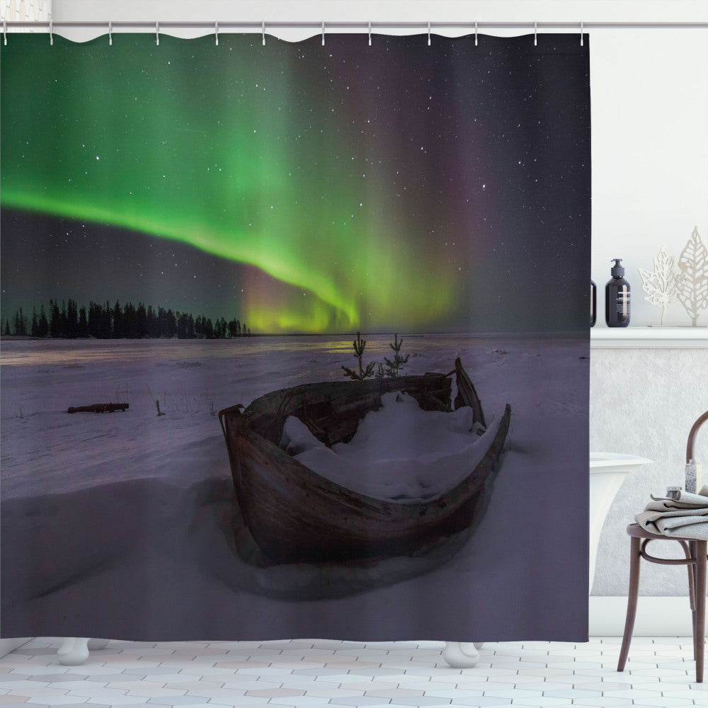 Boat and Galaxy Inspired: Multicolor Aurora Borealis Shower Curtain