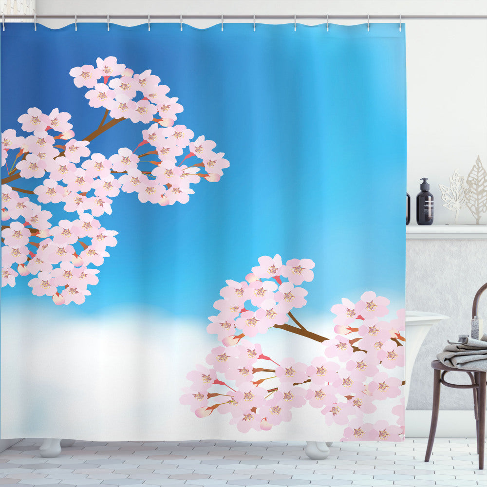 Cherry Blossom Sky: Blue and Pink Sky Blue, Rose, Umber Shower Curtain