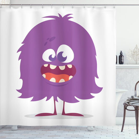 Whimsical Monster Alien Cartoon Bath Curtain in Pale Purple, Burnt Sienna, Dark Magenta, and Champagne