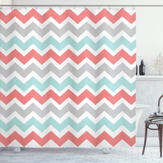 Chic Chevron Zigzags in Soft Pastel Shades: White, Charcoal Grey, and Sky Blue Shower Curtain