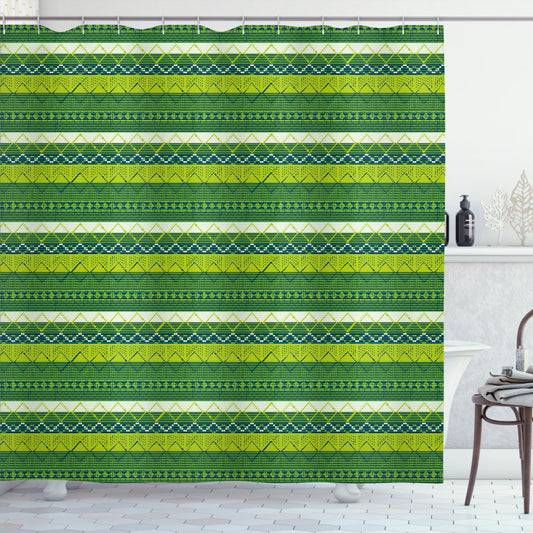 Aztec-Inspired Shower Curtain featuring Nature Tone Triangle and Line Patterns in Yellow Green, Fern Green, and Dark Teal